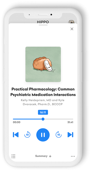 Phone playing the Urgent Care RAP Practical Pharmacology: Psychiatric medication interactions episode